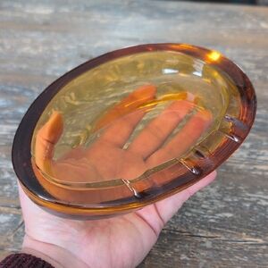 VTG  MCM Amber Glass Ashtray Unique Oval High Low Design 60's